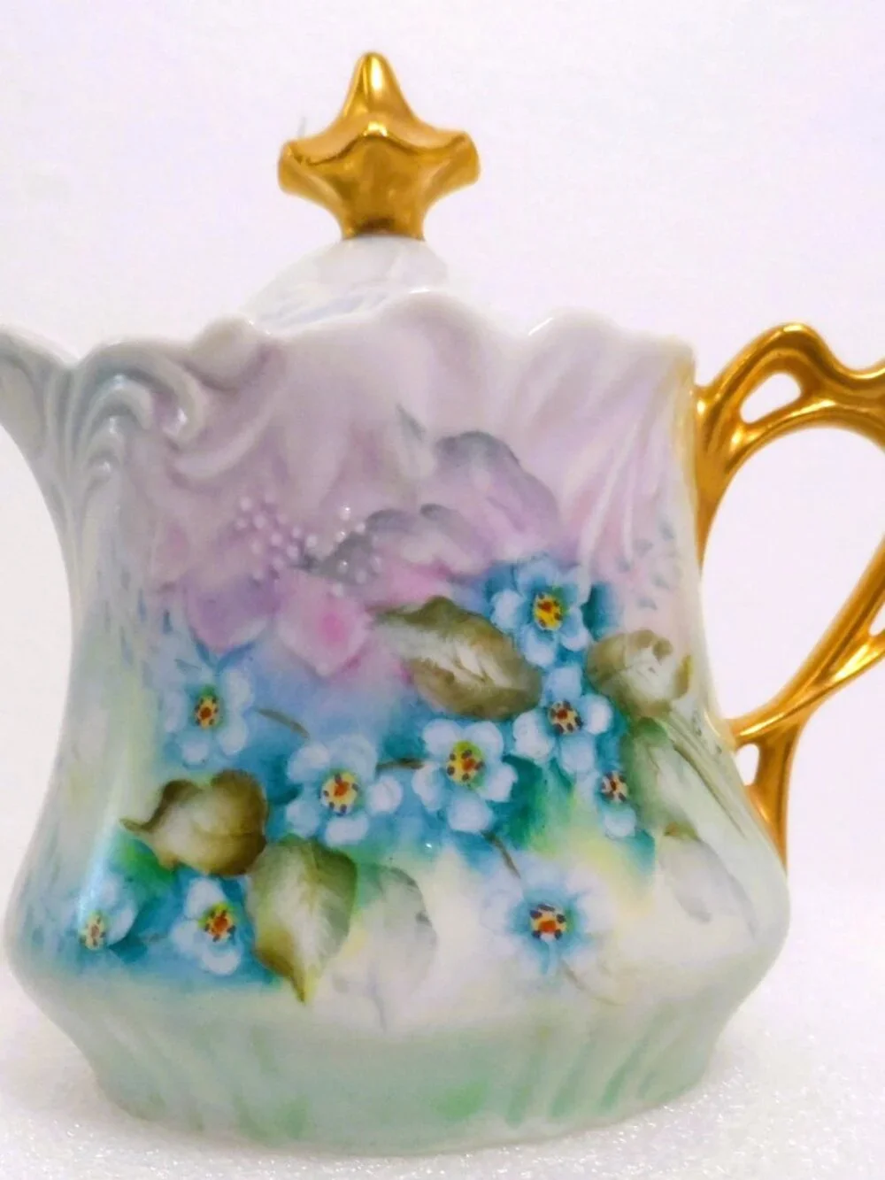 Victorian Creamer Pitcher w/Lid- Forget-Me-Not Flowers Gold Gilt Handle Antique